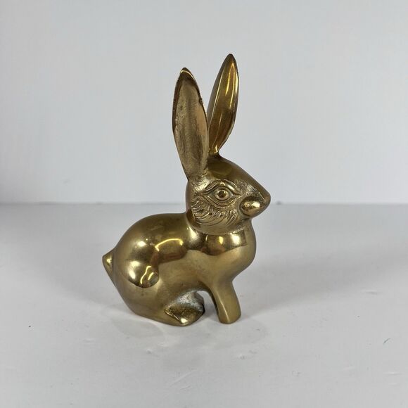 Vintage Solid Brass Rabbit Paperweight Bunny Figurine Whimsical Bookcase Decor - Picture 2 of 9
